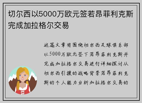 切尔西以5000万欧元签若昂菲利克斯完成加拉格尔交易